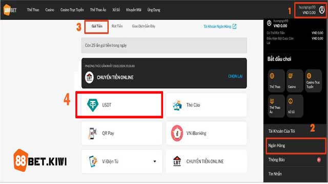 Gửi tiền bằng USDT vào KUBET